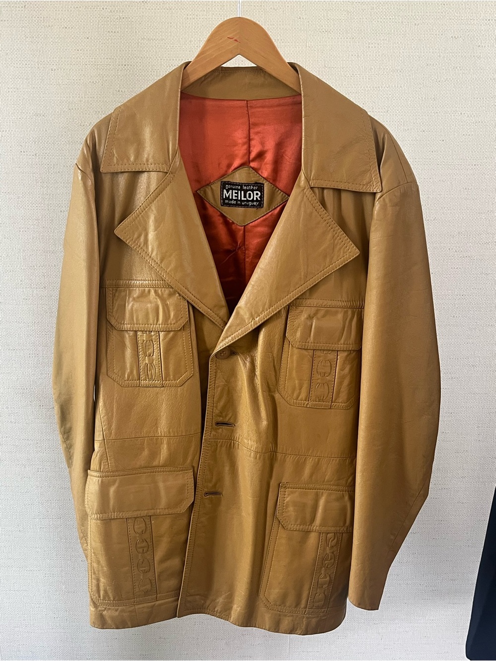 Milor Tan Leather Military-Style Field Jacket with Orange Lining